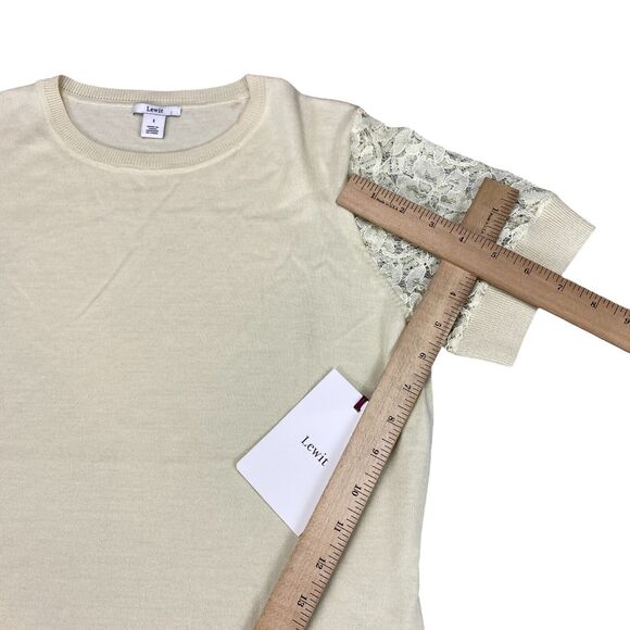 Lewit Sweater Womens Sz 1 Beige Merino Wool Lace Short Sleeve Crew Neck Pullover - Picture 7 of 11